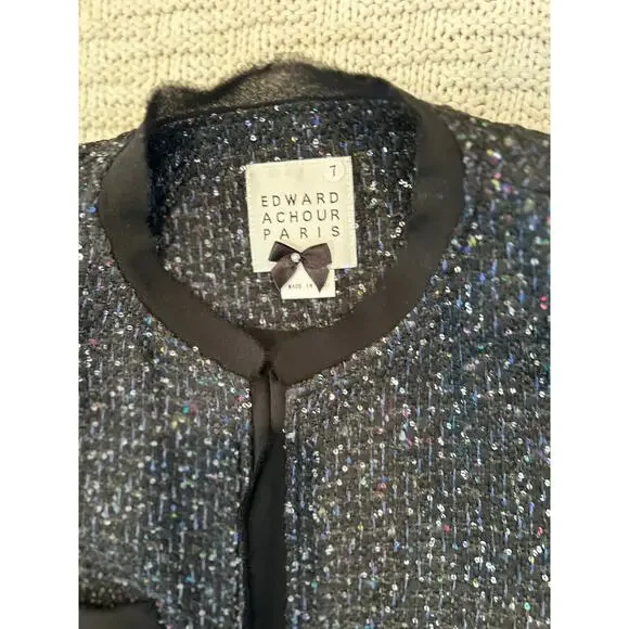 Edward Achour Paris Black Sequin Long Formal Open Front Jacket FR